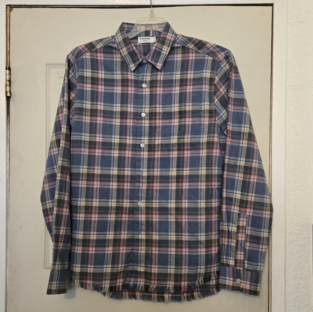 Frame Denim Frayed Hem Flannel Shirt Blue Plaid M